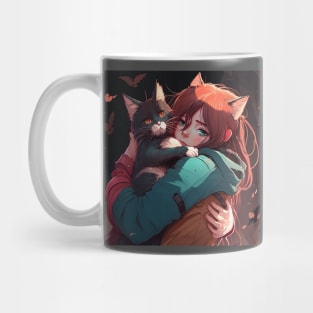 2d illustration of woman hugs her cat in anime style Mug